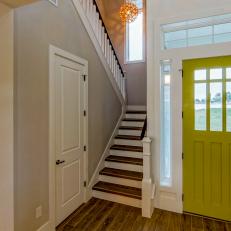 Neutral Contemporary Foyer With Lime-Green Front Door