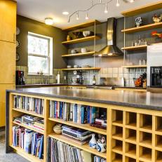 Island Provides Book Storage in Contemporary Kitchen