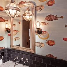 Sophisticated Powder Room With Fish Wallpaper