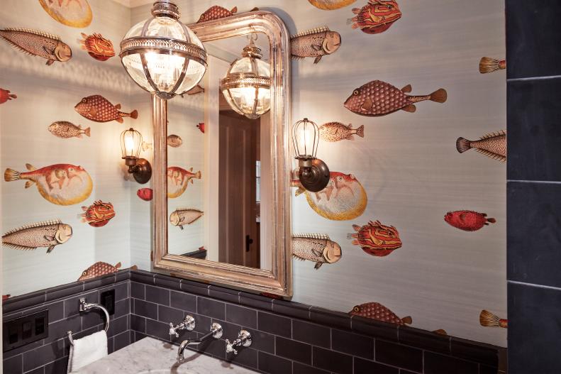 Small Guest Bathroom With Fish Wallpaper and Black Tile Backsplash