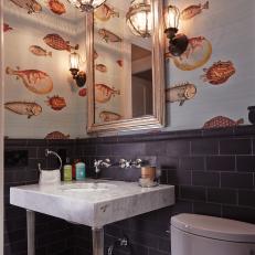 Powder Room With Fish Patterned Wallpaper