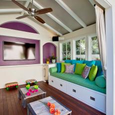 Outdoor Entertainment Pavilion With Colorful Storage Benches