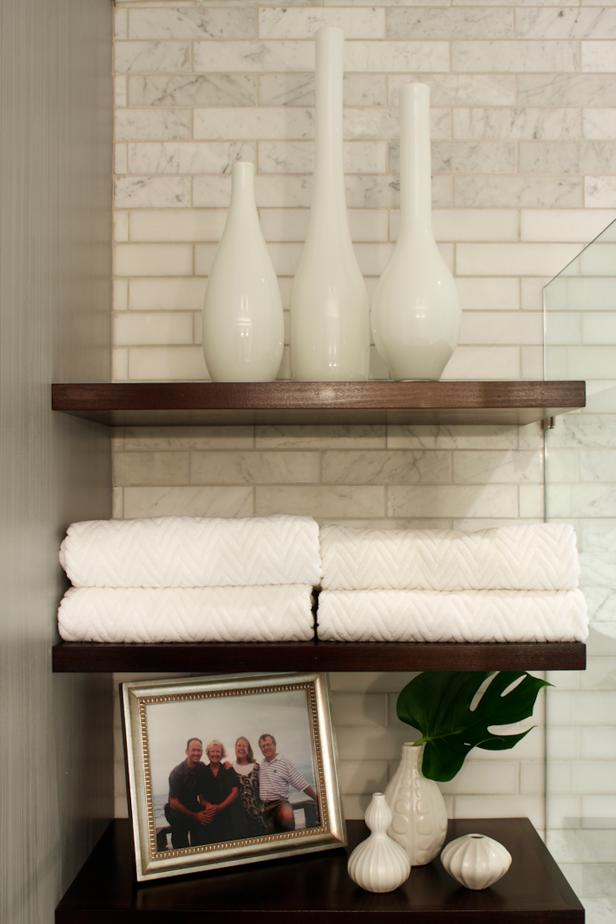 Marble Bathroom Wall With Floating Espresso Shelves HGTV