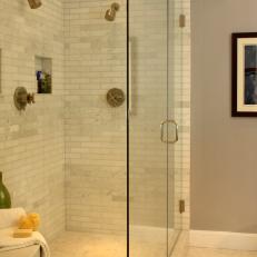 Contemporary Master Bathroom With Marble Subway-Tiled Shower