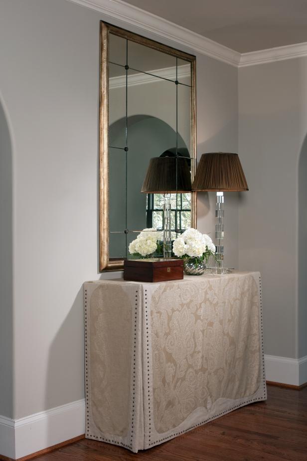 Transitional Entryway With Custom Skirted Console Table | HGTV