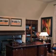 Transitional Home Office With Fireplace Focal Point