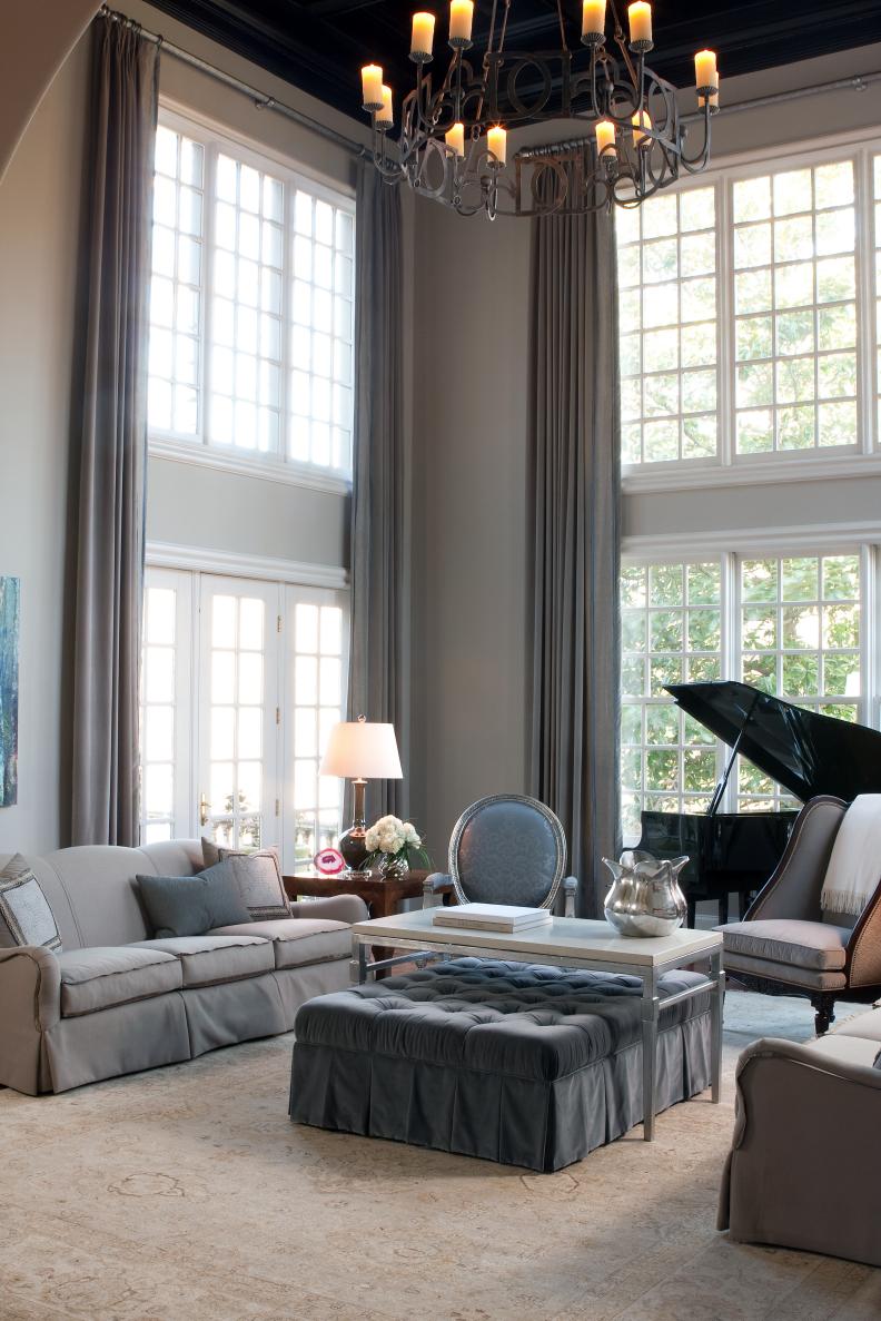 Neutral Traditional Living Room With Gray Accents and Tall Windows