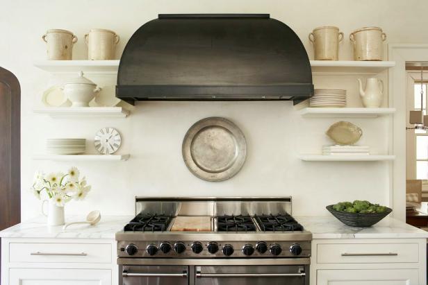 White Country Kitchen With Open Shelving and Gray Range Hood