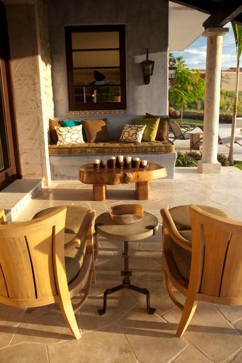 Stone Patio With Built-In Bench, Coffee Table and Chairs
