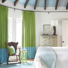 White Coastal Bedroom Boasts Lime Green Curtains