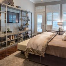 Distressed Bookshelves Add Charm to Neutral Bedroom