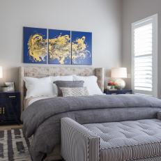 Transitional Gray Bedroom With Blue Abstract Art
