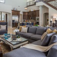 Open Concept Living Room With Blue-Gray Sectional