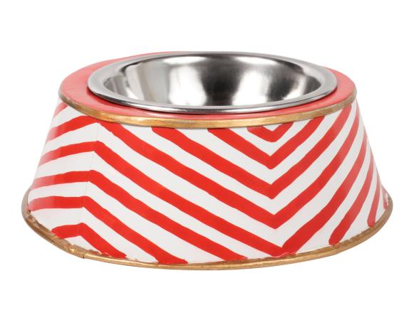 red and white striped pet bowl