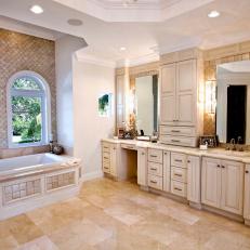 Golden Handpainted Tile in Spacious Master Bathroom