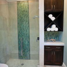 Transitional Poolhouse Shower With Pebble Floor