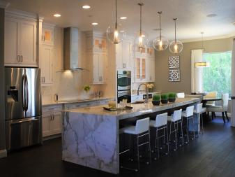 Contemporary Kitchen With Waterfall Countertop on Island