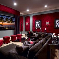 Bold Home Theater Dressed in Red and Gray