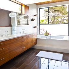 Neutral Bathroom Boasts Midcentury Modern Vanity