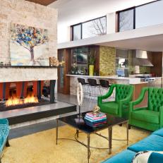 Kelly Green Armchairs Wow in Eclectic Living Room