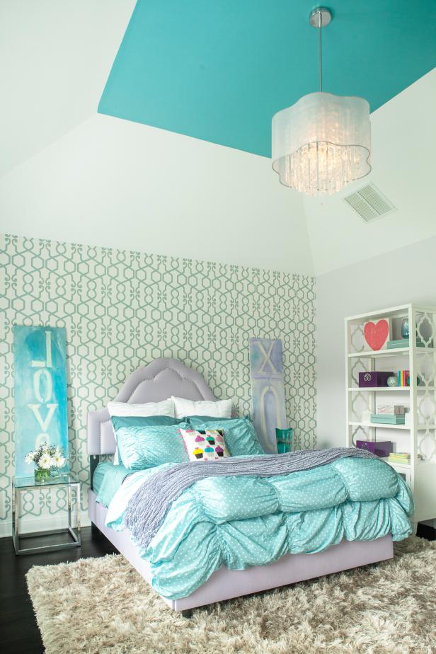 Girl's Bedroom With Lavender Bed and Blue Bedding