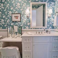 Feminine Blue and White Bathroom With Floral Wallpaper