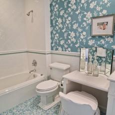 Blue and White Bathroom With Chic Vanity