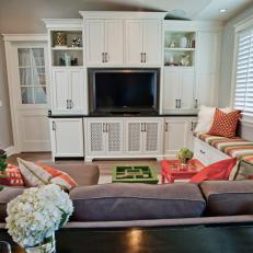 Transitional Living Room Features Bright, White Media Center