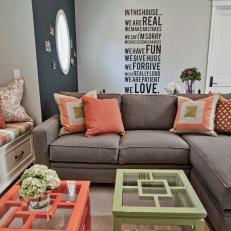 Chic Contemporary Living Room Features Stencil Wall Quote
