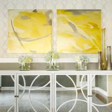 Yellow Artwork Pops in Transitional Dining Room