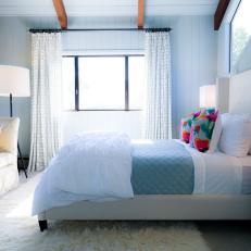 Chic Transitional Bedroom Blends in Blue Cottage Beadboard