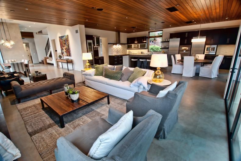 Contemporary Open Concept Living Room With Wood Ceiling