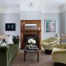 Elegant Eclectic Living Room With Forest Green Chesterfield Sofa
