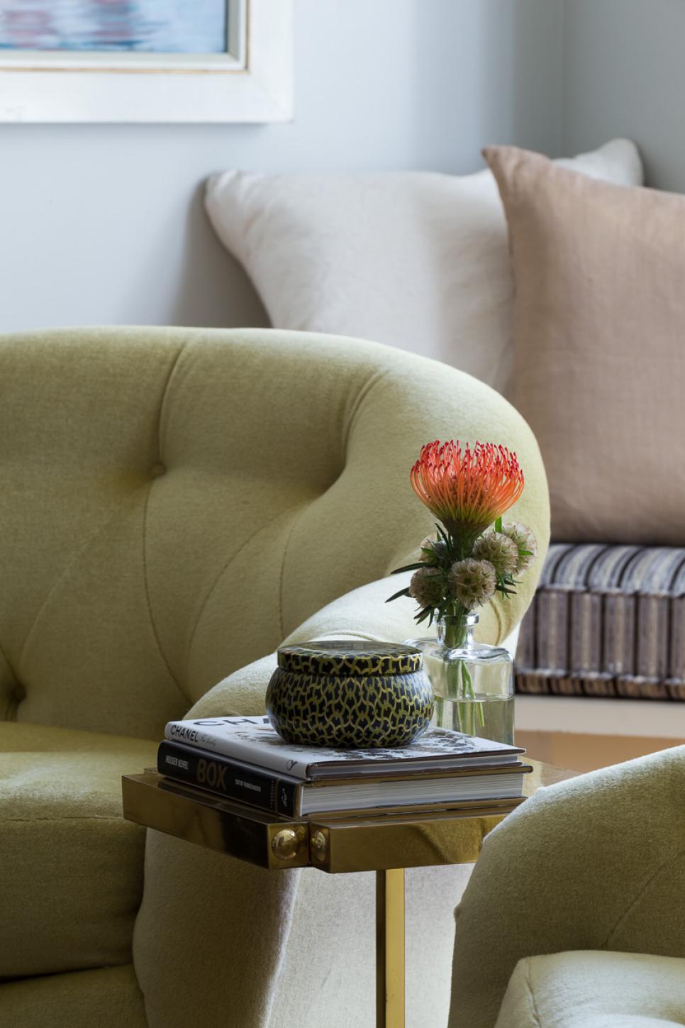 Transitional Living Room With Green Club Chair & Modern End Table HGTV