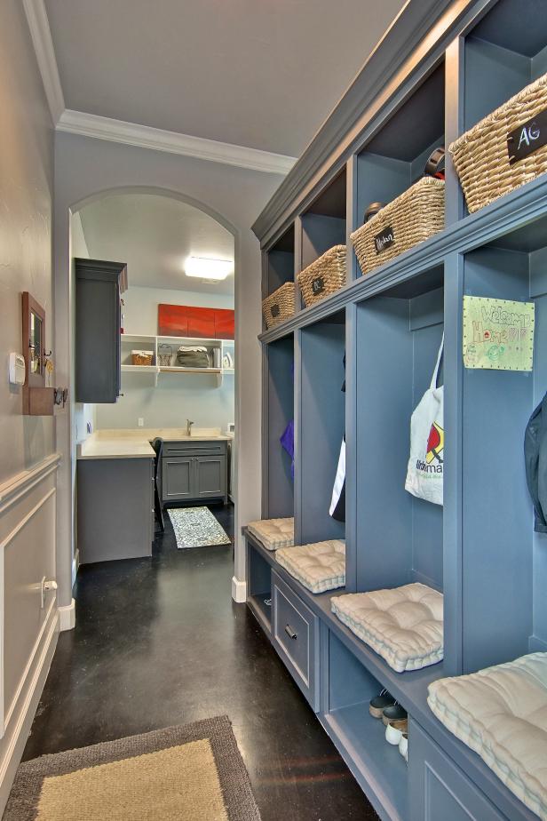 Mudroom With Blue Storage and Concrete Floors