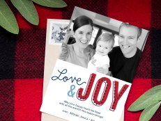 family holiday card with checkered flannel background