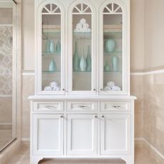 White Storage Cabinet in Neutral Contemporary Master Bathroom