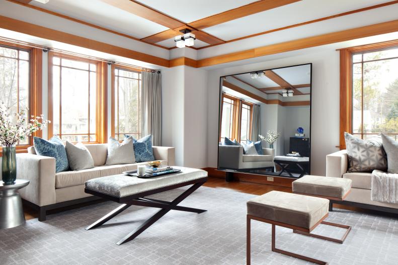 Neutral Living Room With Wood Trimmed Ceiling