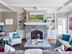 Contemporary Gray Family Room With Stone Fireplace