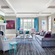 Contemporary Gray Family Room With Aqua Accents