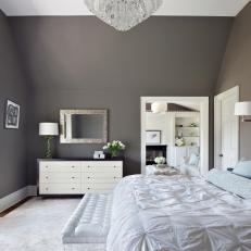 Transitional Gray Bedroom With Beautiful White Bedding
