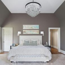 Transitional Gray Bedroom With Glamorous Chandelier