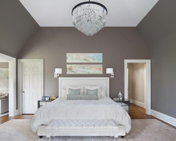 Dark Gray and White Master Bedroom With Chandelier