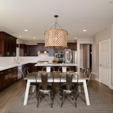 Transitional Kitchen With Natural Carved Wood Chandelier