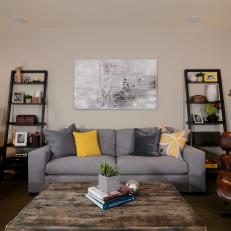 Transitional Living Room With Gray and Yellow Accents