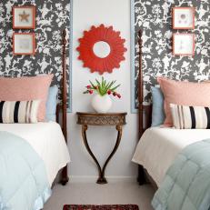 Coastal Guest Room With Wallpaper Headboards