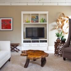 Neutral Contemporary Living Room With White Entertainment Center