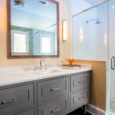 Neutral Contemporary Master Bathroom With Gray Vanity