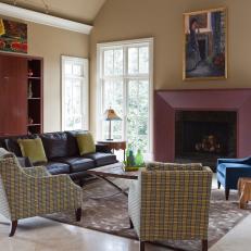 Transitional Beige Living Room Features Colorful Accents