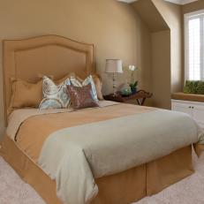 Transitional Neutral Guest Room With Suede Upholstered Headboard